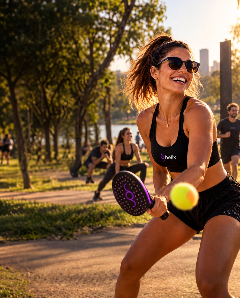 Mulher jogando beach tennis com uniforme Helix em um fim de tarde ensolarado